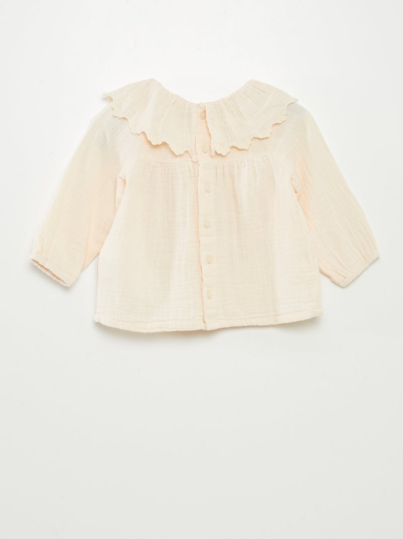 Blouse en gaze de coton avec col fantaisiste BEIGE - Kiabi