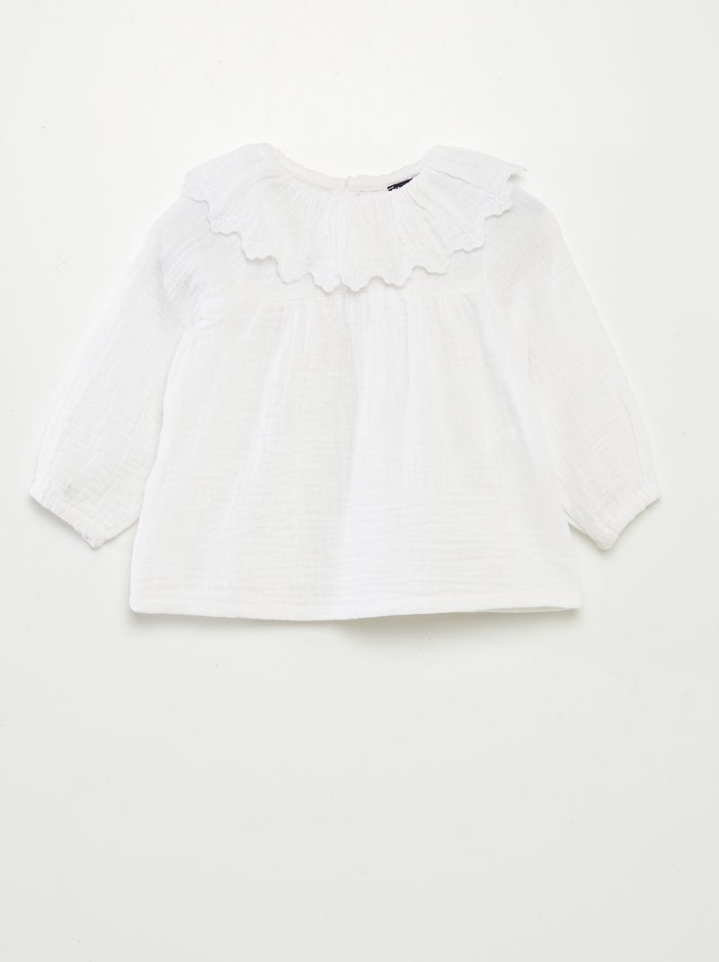 Blouse en gaze de coton avec col fantaisiste blanc - Kiabi