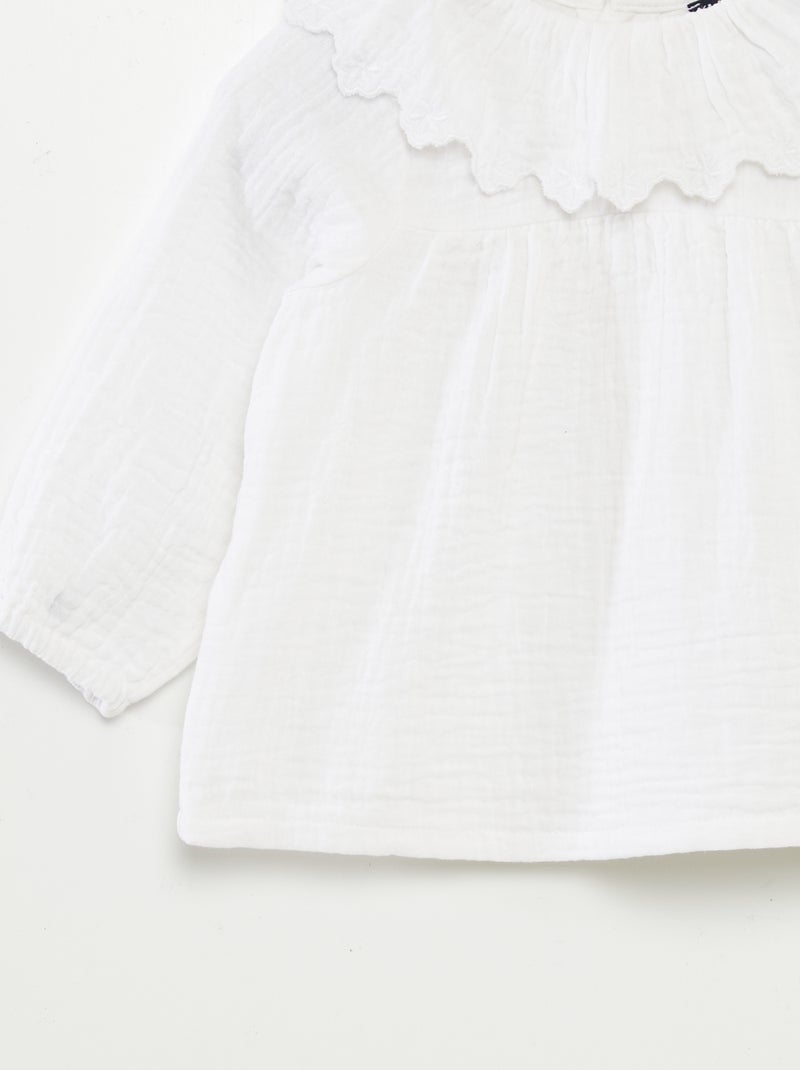 Blouse en gaze de coton avec col fantaisiste blanc - Kiabi
