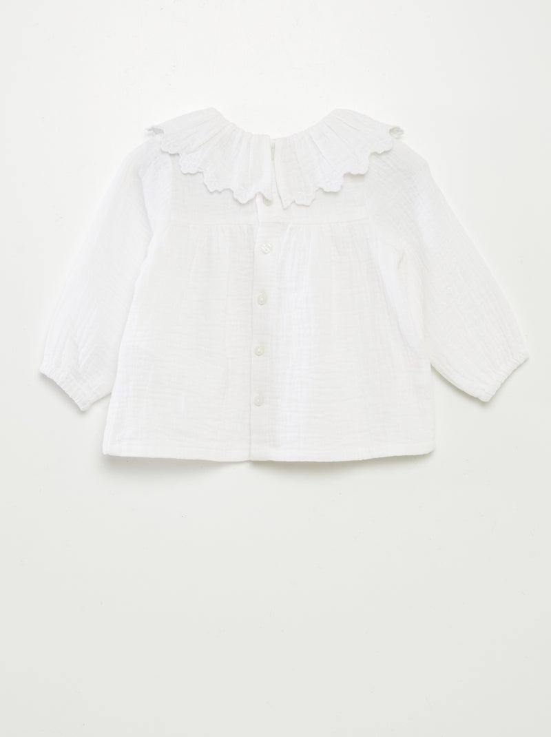 Blouse en gaze de coton avec col fantaisiste blanc - Kiabi