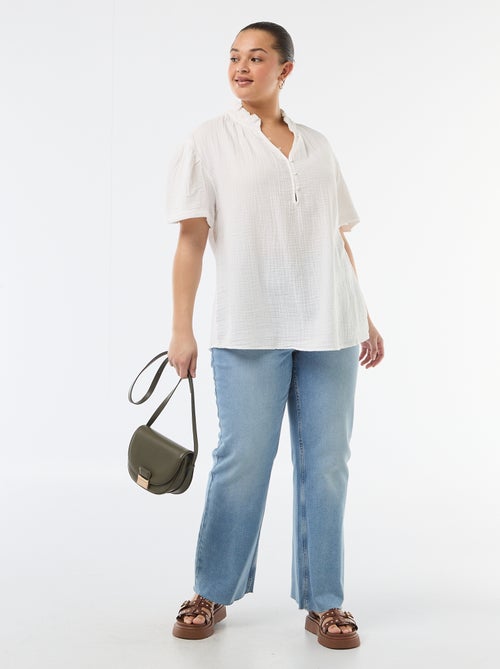 Blouse en gaze de coton avec col froncé - Kiabi