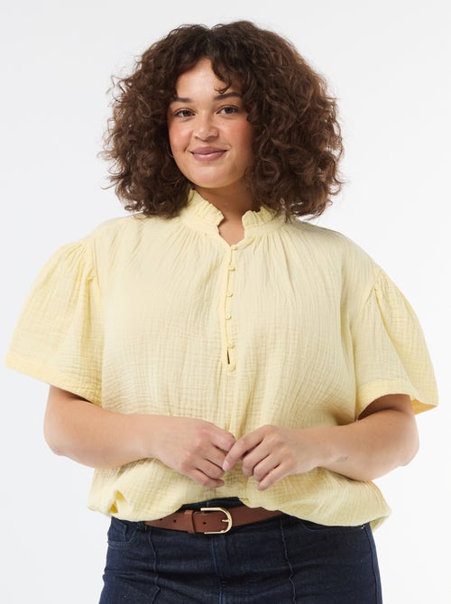 Blouse en gaze de coton avec col froncé - Kiabi