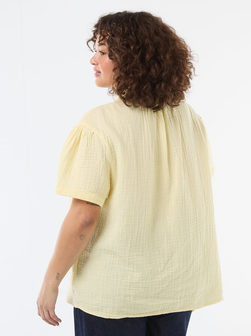 Blouse en gaze de coton avec col froncé Jaune - Kiabi