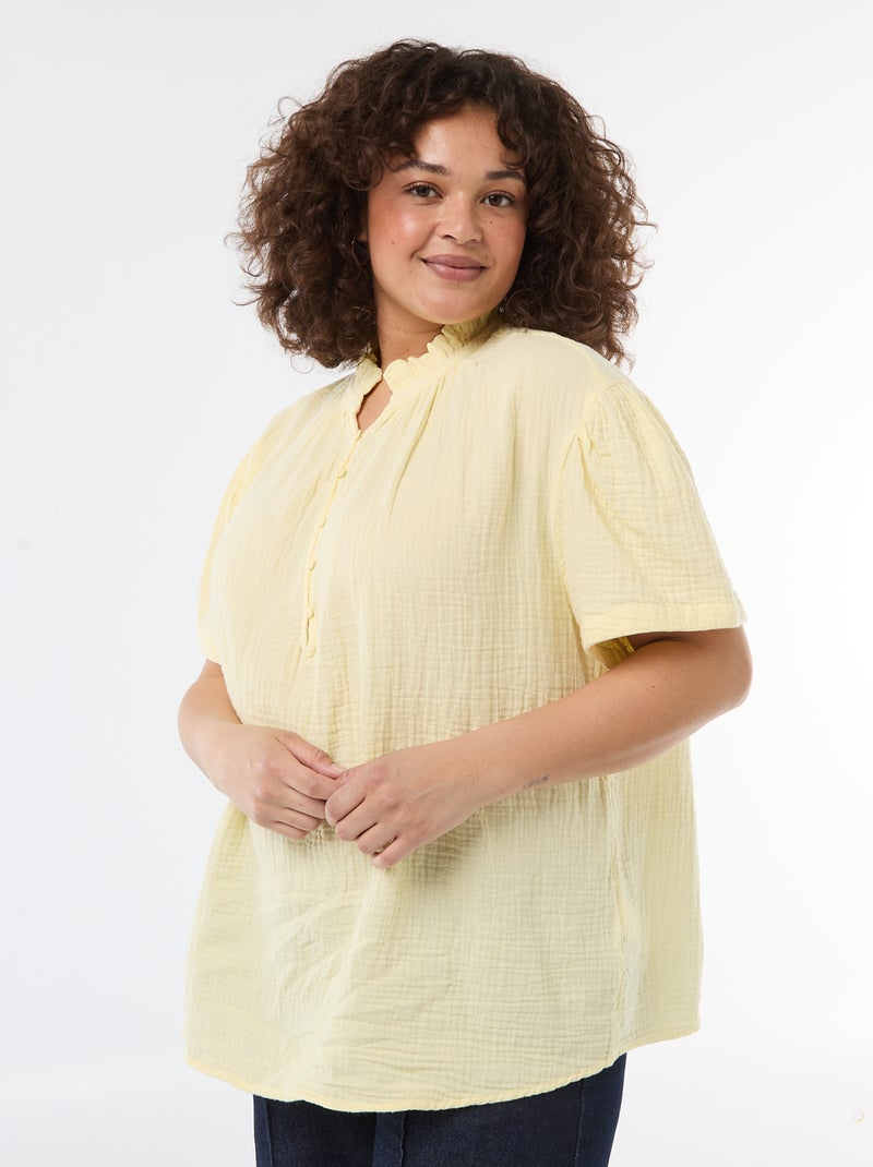 Blouse en gaze de coton avec col froncé Jaune - Kiabi