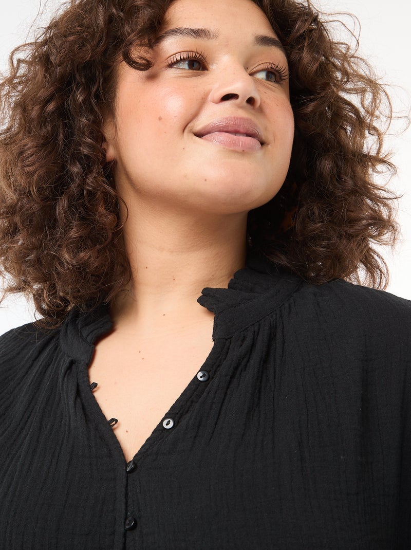 Blouse en gaze de coton avec col froncé Noir - Kiabi