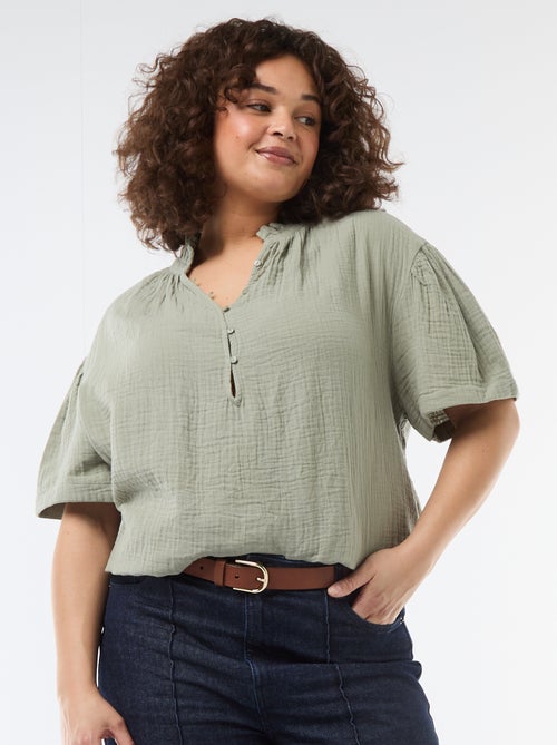 Blouse en gaze de coton avec col froncé - Kiabi