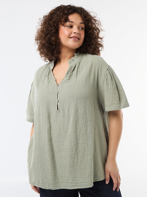 Blouse en gaze de coton avec col froncé - Kiabi