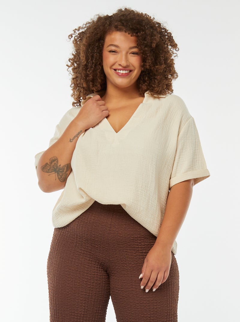 Blouse en gaze de coton avec col polo Blanc - Kiabi