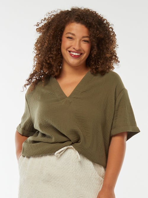 Blouse en gaze de coton avec col polo - Kiabi