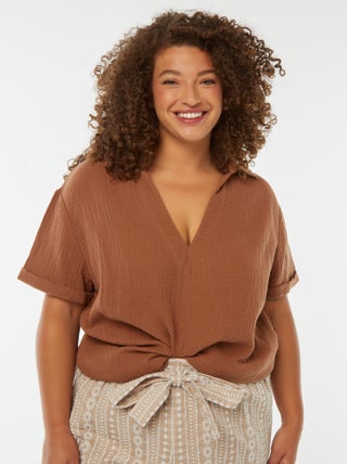 Blouse en gaze de coton avec col polo
