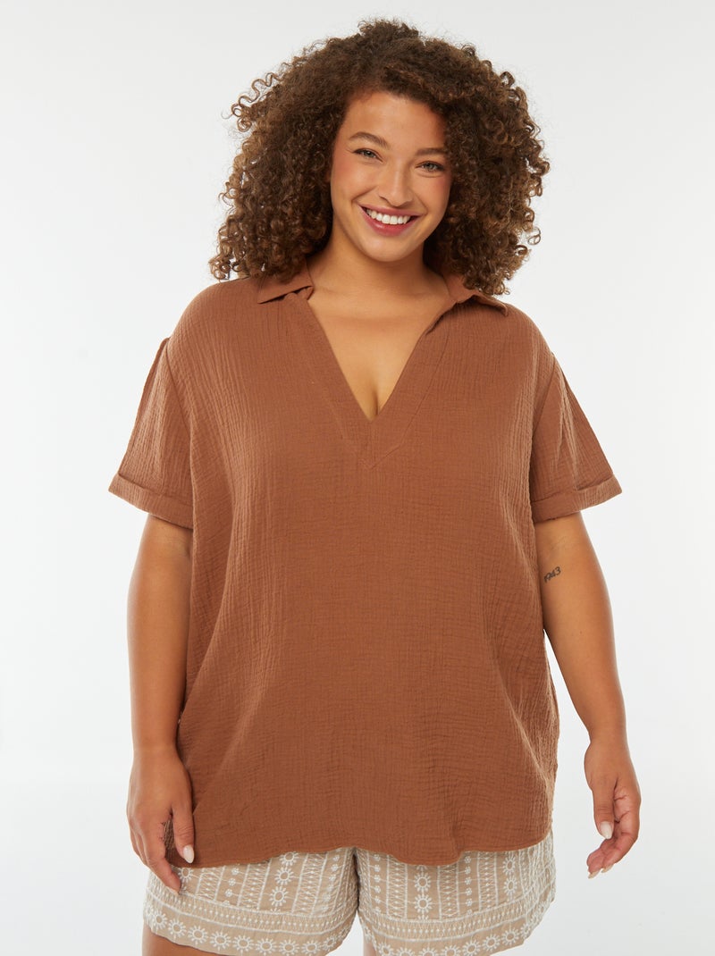 Blouse en gaze de coton avec col polo Grandes tailles Femme