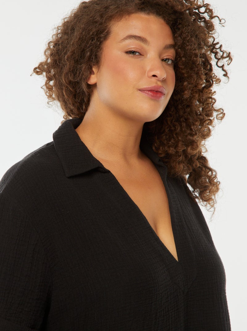 Blouse en gaze de coton avec col polo noir - Kiabi