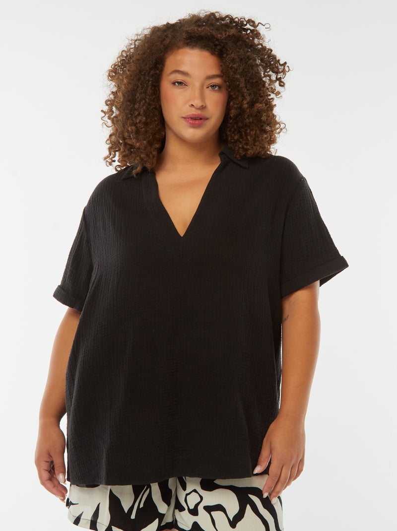 Blouse en gaze de coton avec col polo noir - Kiabi