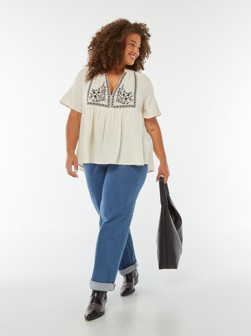 Blouse en gaze de coton avec encolure brodée Blanc - Kiabi