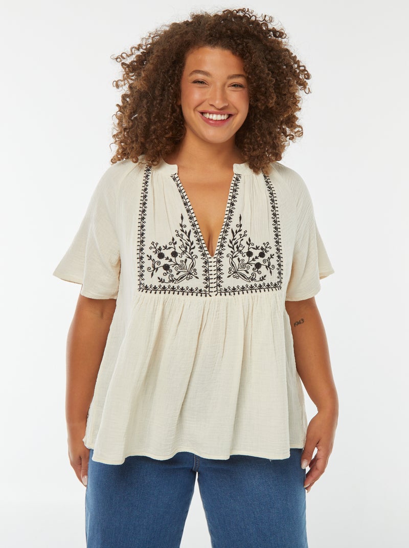 Blouse en gaze de coton avec encolure brodée Blanc - Kiabi