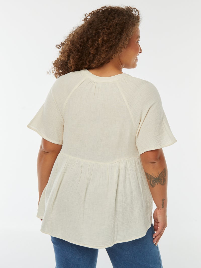 Blouse en gaze de coton avec encolure brodée Blanc - Kiabi