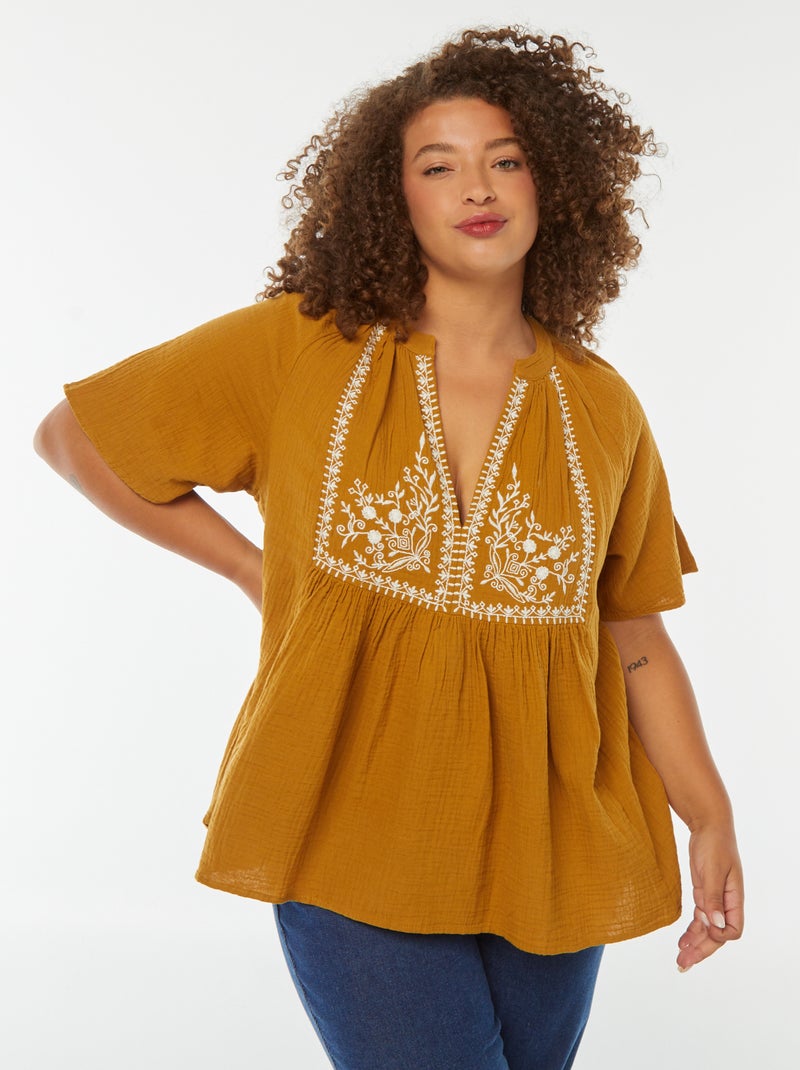 Blouse en gaze de coton avec encolure brodée Moutarde - Kiabi