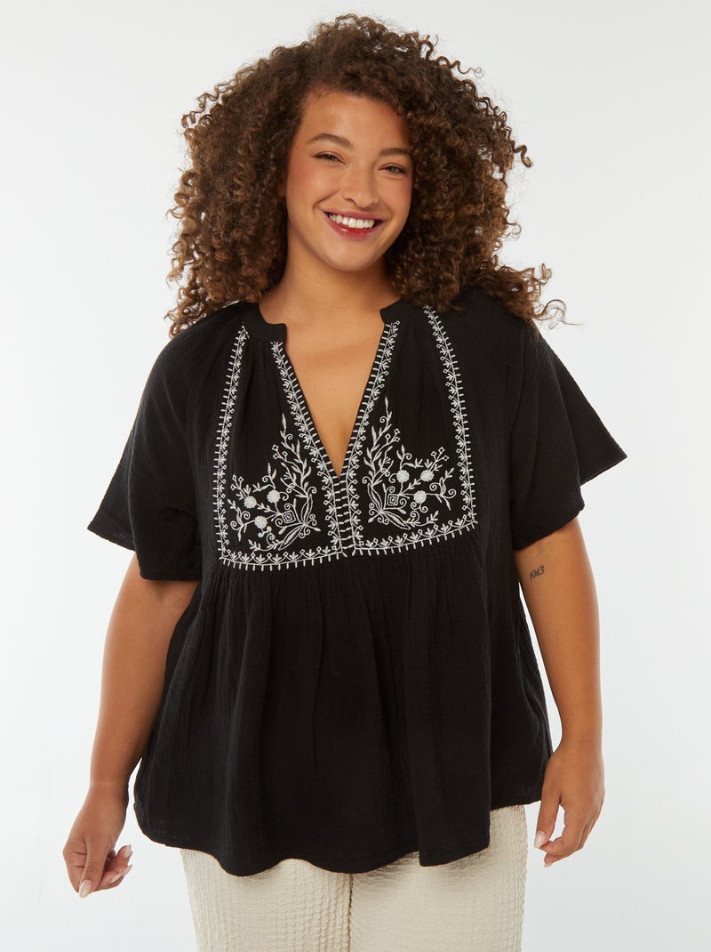 Blouse en gaze de coton avec encolure brodée Noir - Kiabi