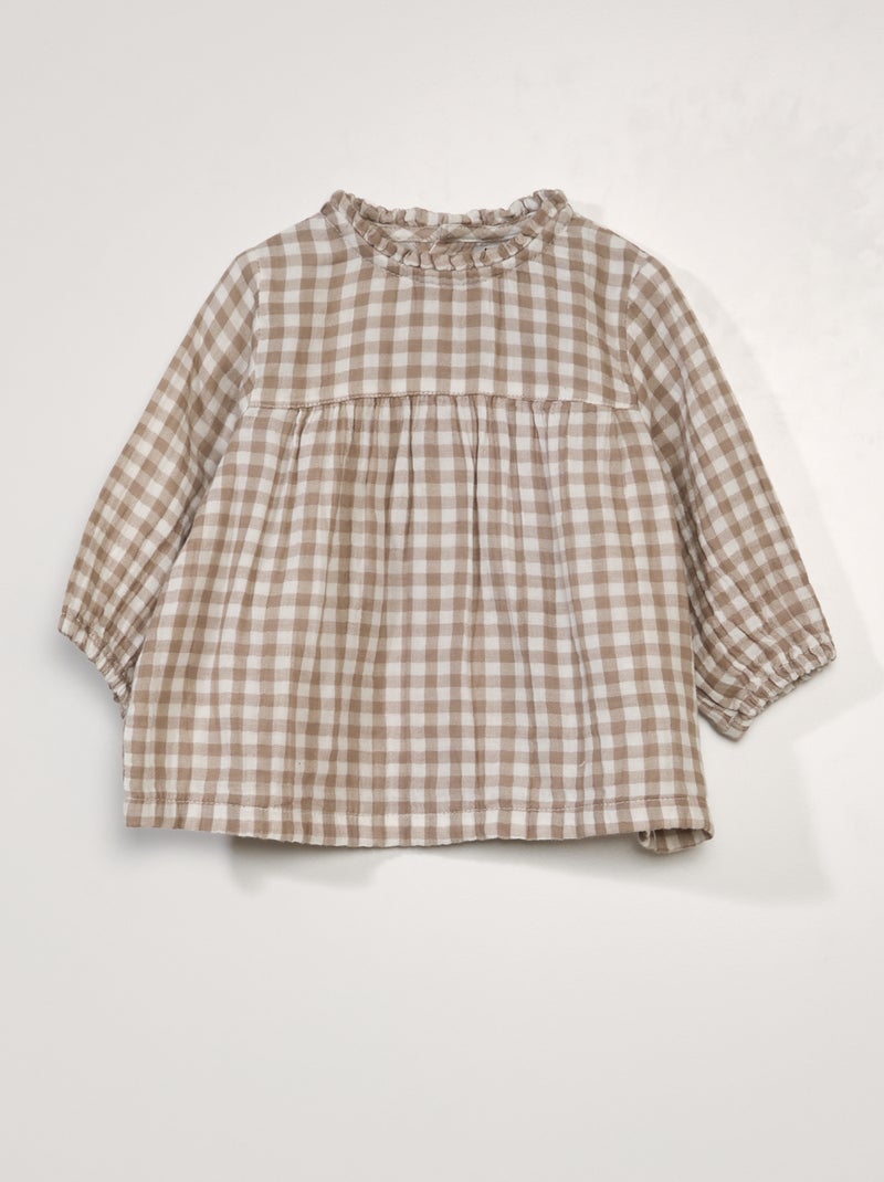 Blouse en gaze de coton avec imprimé 'vichy' Beige - Kiabi