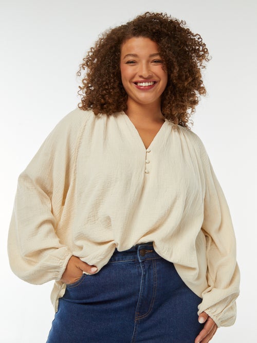 Blouse en gaze de coton avec manches bouffantes - Kiabi
