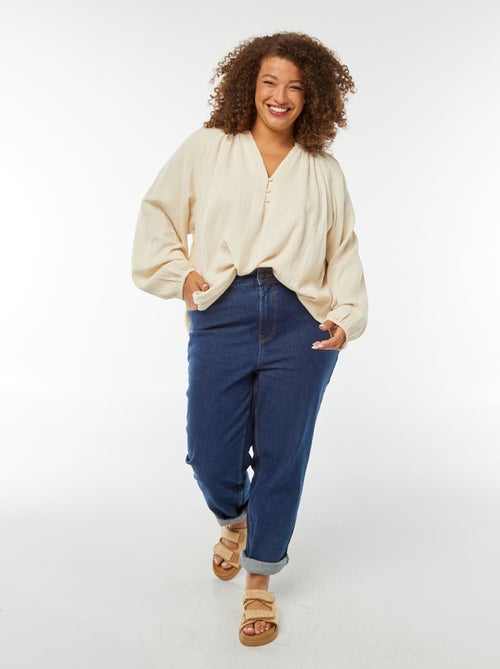 Blouse en gaze de coton avec manches bouffantes - Kiabi