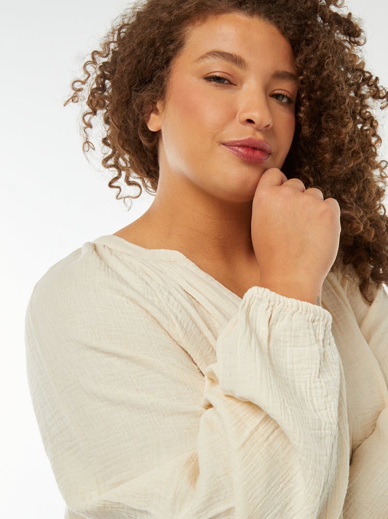 Blouse en gaze de coton avec manches bouffantes Blanc - Kiabi