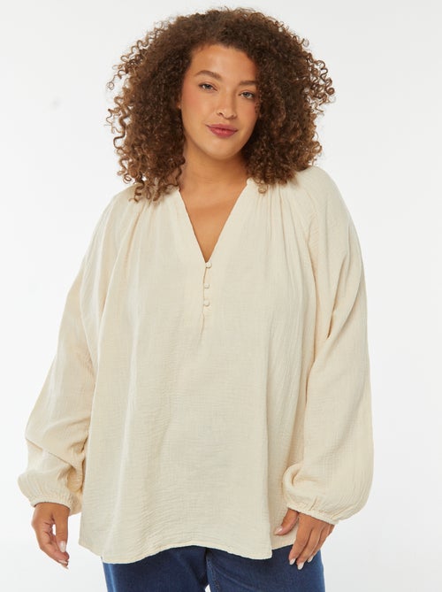 Blouse en gaze de coton avec manches bouffantes - Kiabi