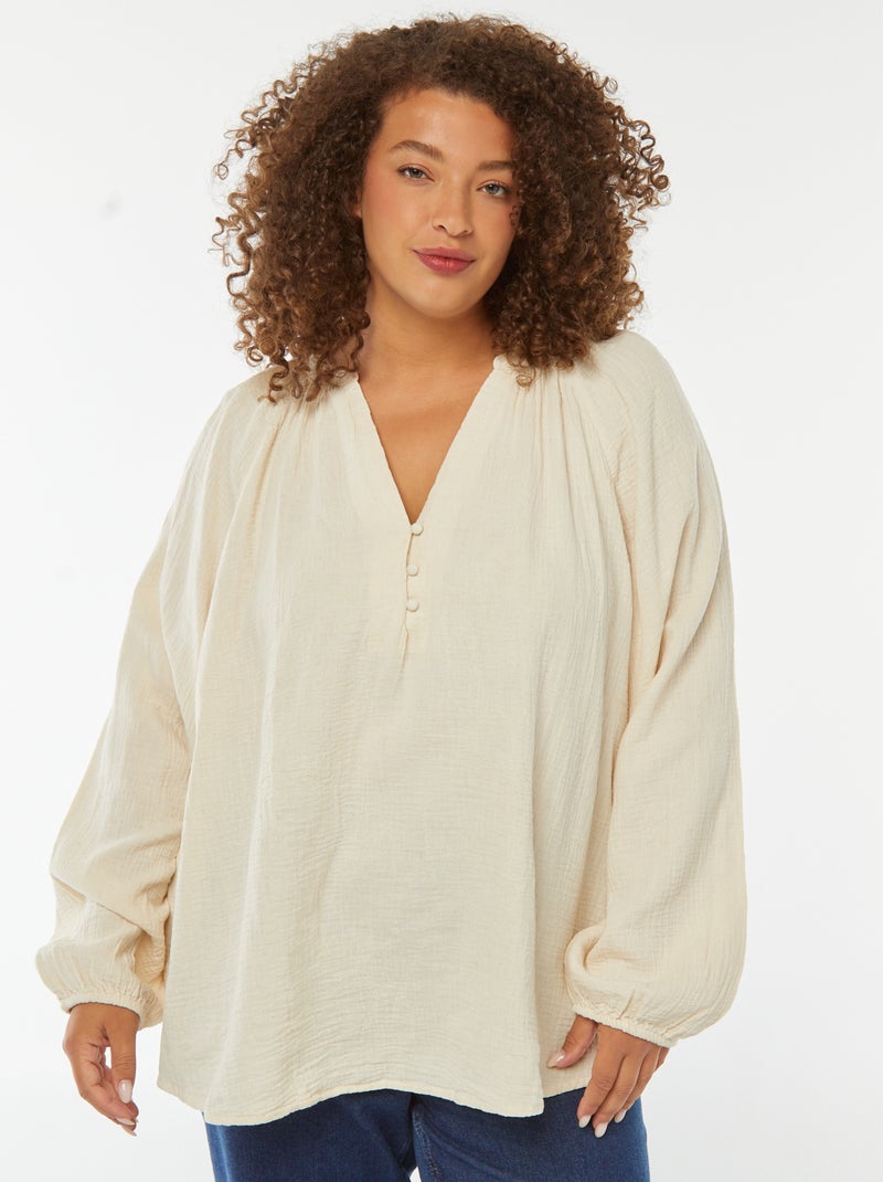 Blouse en gaze de coton avec manches bouffantes Blanc - Kiabi