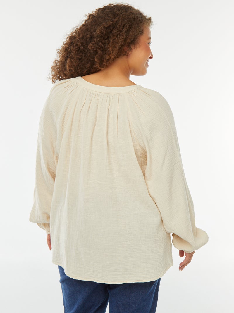 Blouse en gaze de coton avec manches bouffantes Blanc - Kiabi