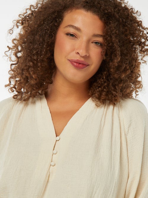 Blouse en gaze de coton avec manches bouffantes - Kiabi