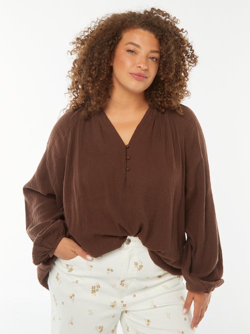Blouse en gaze de coton avec manches bouffantes - Kiabi