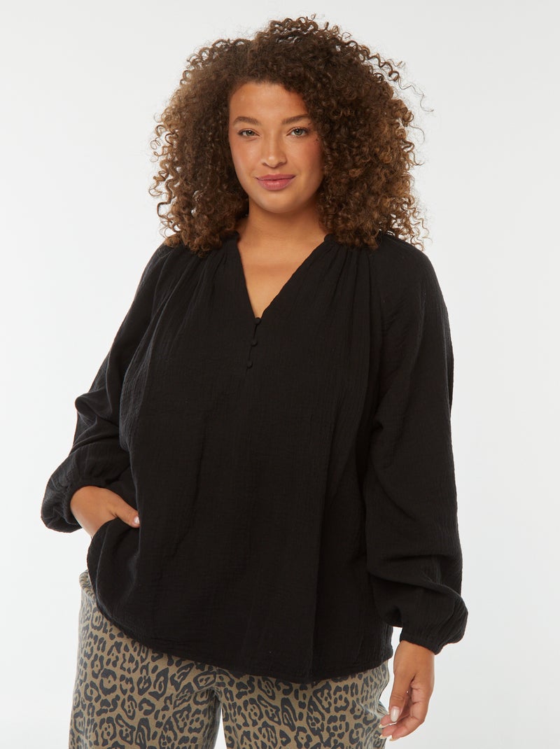 Blouse en gaze de coton avec manches bouffantes noir - Kiabi