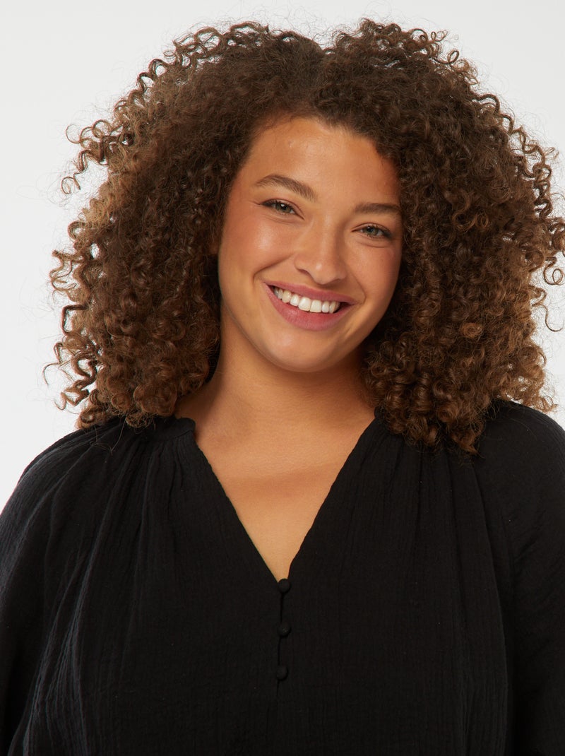 Blouse en gaze de coton avec manches bouffantes noir - Kiabi