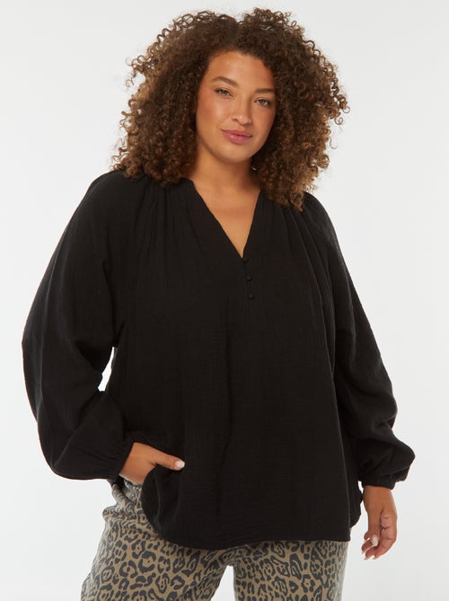 Blouse en gaze de coton avec manches bouffantes - Kiabi
