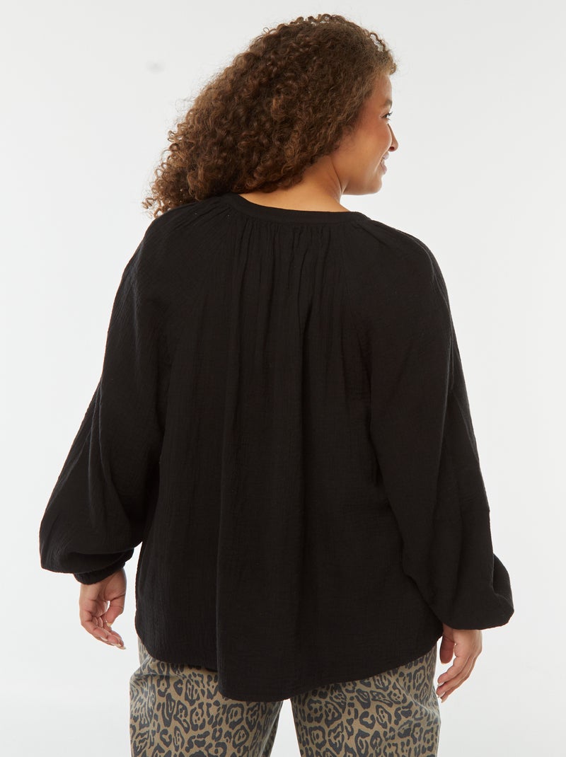 Blouse en gaze de coton avec manches bouffantes noir - Kiabi