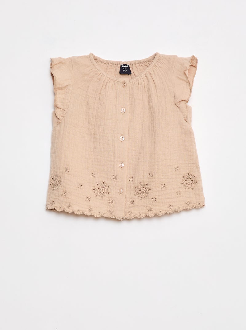 Blouse en gaze de coton avec manches courtes volantées Beige - Kiabi