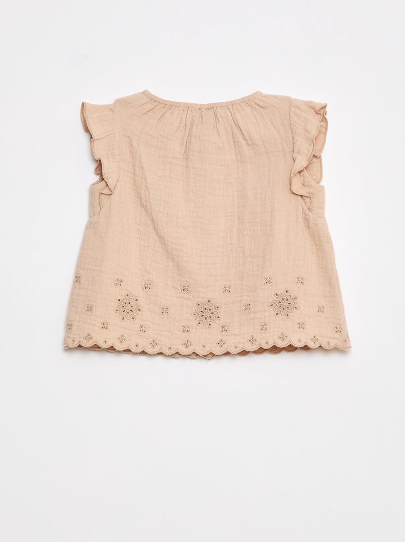 Blouse en gaze de coton avec manches courtes volantées Beige - Kiabi