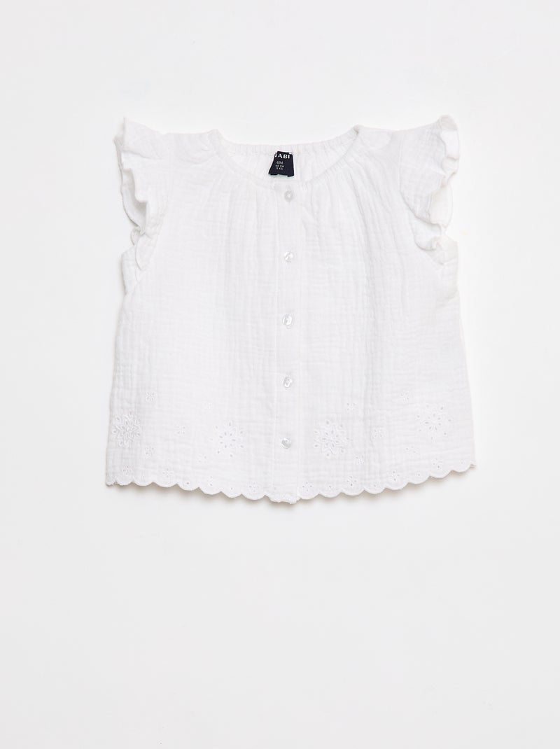 Blouse en gaze de coton avec manches courtes volantées Blanc - Kiabi