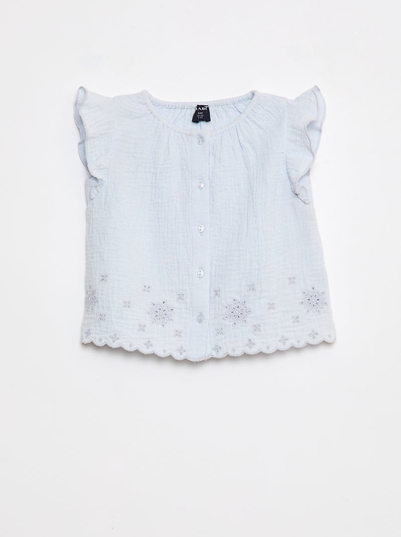 Blouse en gaze de coton avec manches courtes volantées Bleu - Kiabi