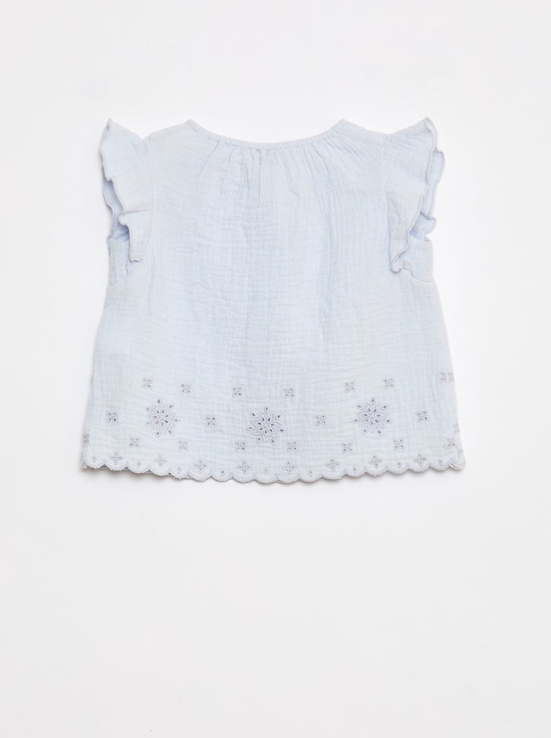 Blouse en gaze de coton avec manches courtes volantées Bleu - Kiabi