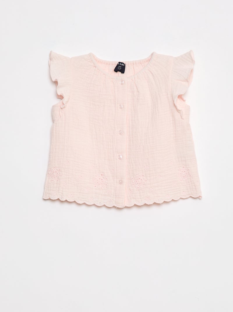 Blouse en gaze de coton avec manches courtes volantées Rose - Kiabi