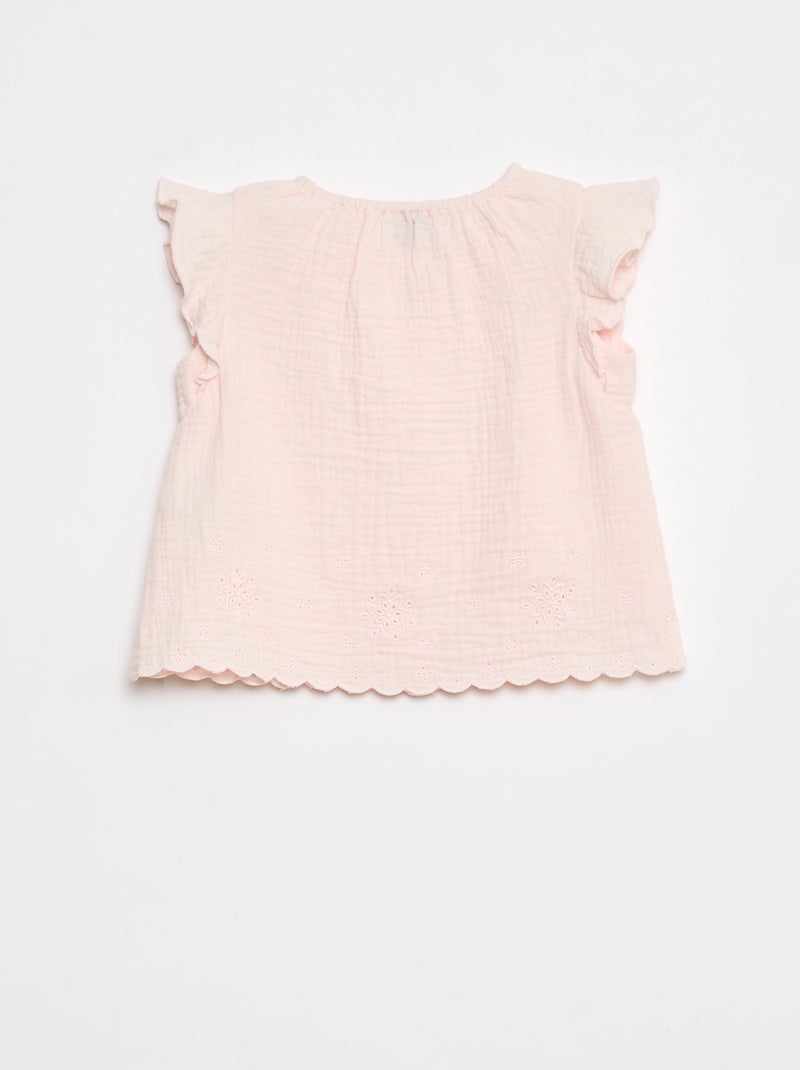 Blouse en gaze de coton avec manches courtes volantées Rose - Kiabi