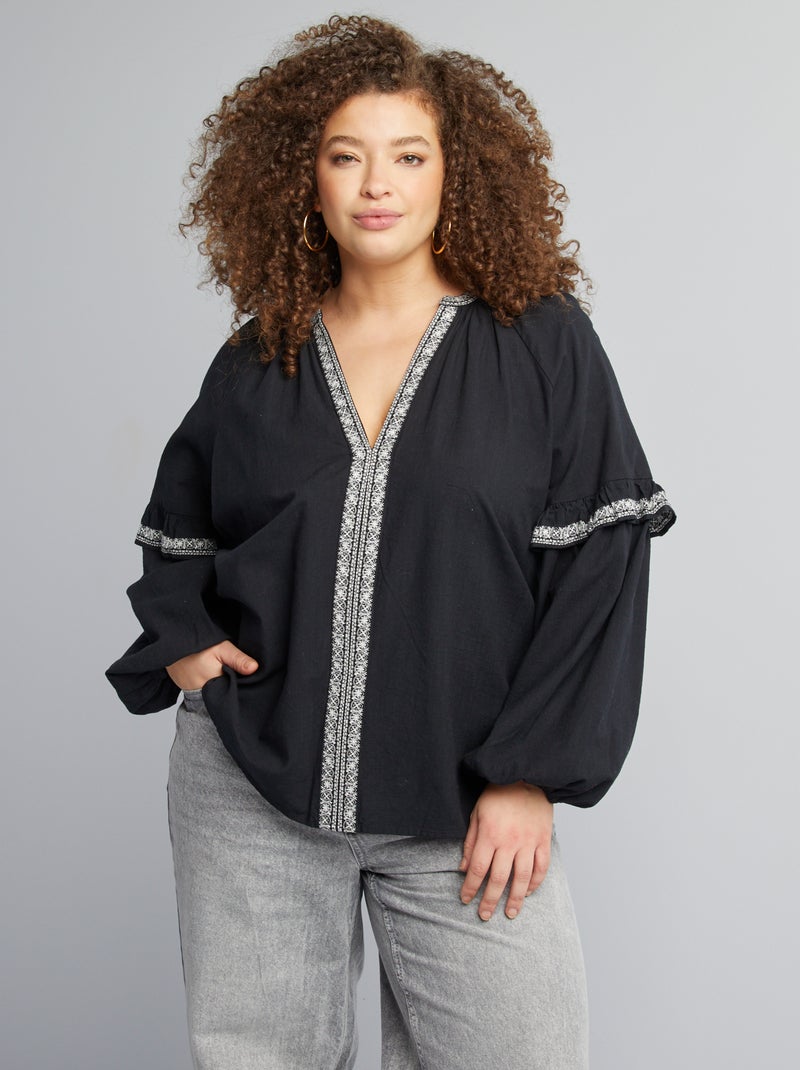 Blouse en gaze de coton avec motifs brodés NOIR - Kiabi