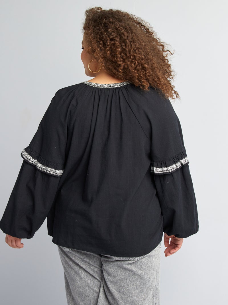 Blouse en gaze de coton avec motifs brodés NOIR - Kiabi