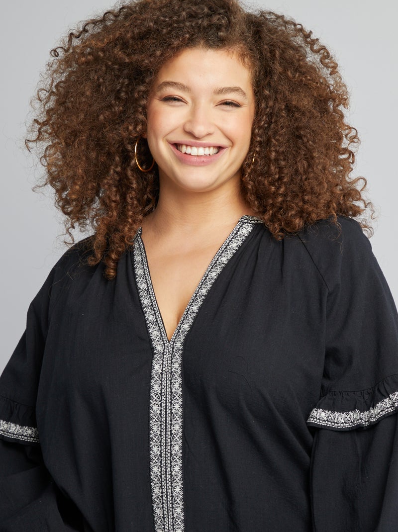 Blouse en gaze de coton avec motifs brodés NOIR - Kiabi