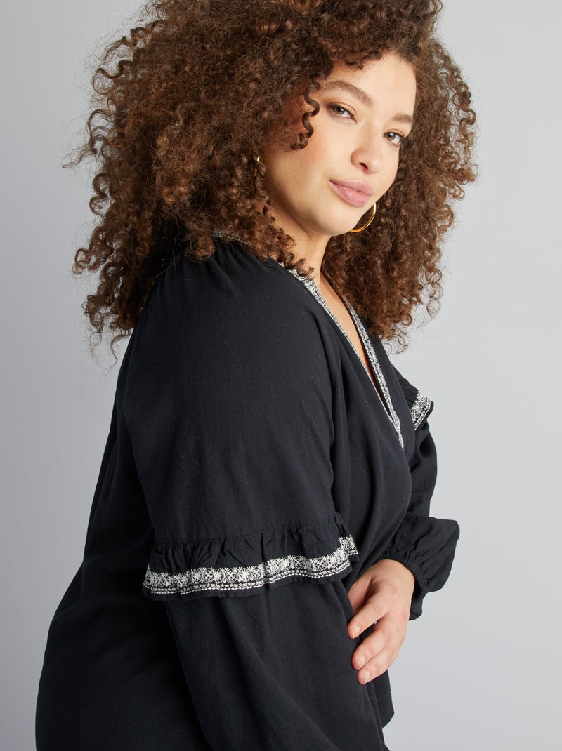 Blouse en gaze de coton avec motifs brodés NOIR - Kiabi
