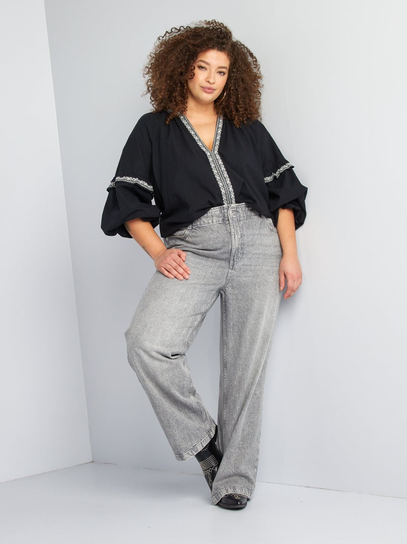 Blouse en gaze de coton avec motifs brodés NOIR - Kiabi