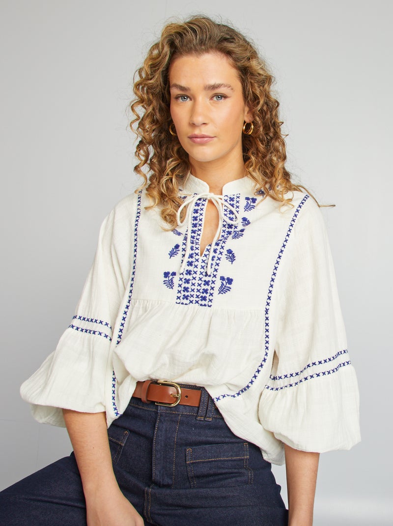 Blouse en gaze de coton blanc - Kiabi