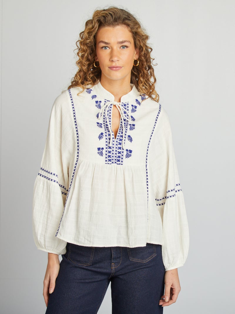 Blouse en gaze de coton blanc - Kiabi