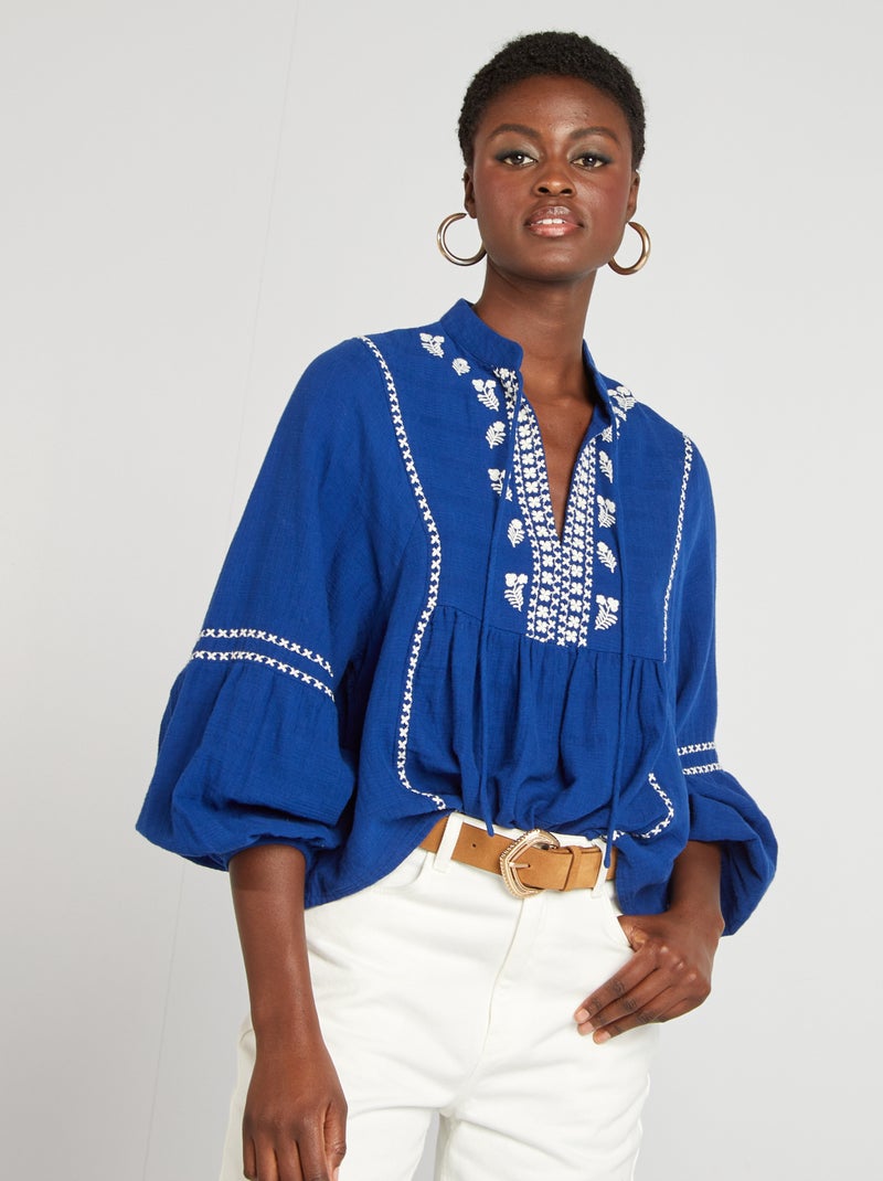 Blouse en gaze de coton Bleu - Kiabi